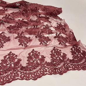 Тканина гіпюр вишита на сітці 135 см купон двосторонній Бордо темне