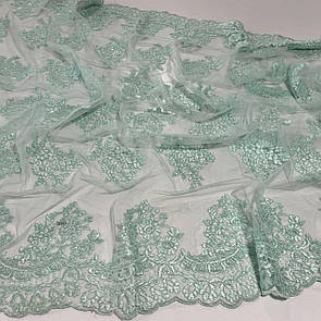 Тканина гіпюр вишита на сітці 135 см купон двосторонній М'ята