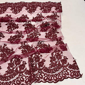 Тканина гіпюр вишита на сітці 135 см купон двосторонній Марсала