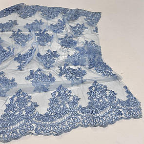 Тканина гіпюр вишита на сітці 135 см купон двосторонній Блакитний джинс