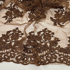 Тканина гіпюр вишита на сітці 135 см купон двосторонній Коричневий