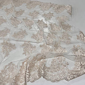 Тканина гіпюр вишита на сітці 135 см купон двосторонній Бежевий