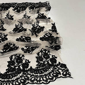 Тканина гіпюр вишита на сітці 135 см купон двосторонній Чорний на бежевій сітці