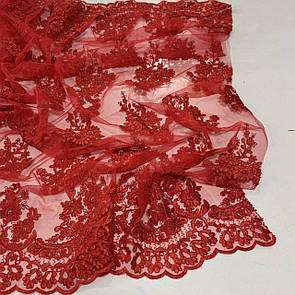 Тканина гіпюр вишита на сітці 135 см купон двосторонній Червоний