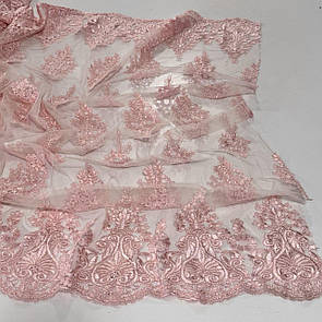 Тканина гіпюр вишита на сітці 135 см купон двосторонній Рожевий