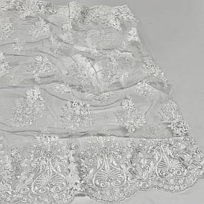 Тканина гіпюр вишита на сітці 135 см купон двосторонній Біло молочний