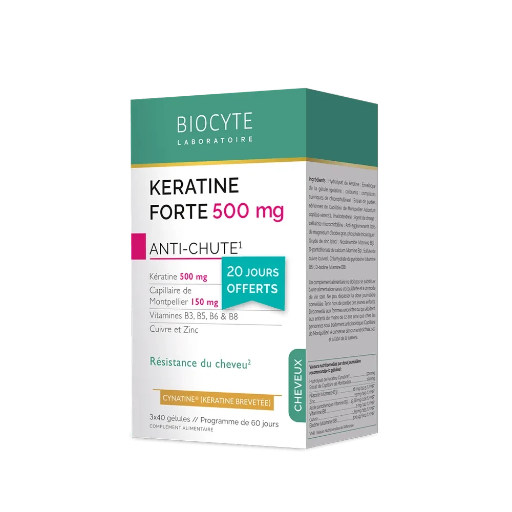 Biocyte Keratine Forte Anti-Chute Зменшує випадіння волосся, зміцнює та повертає йому блиск. Стимулює ріст волосся, 120 капсул