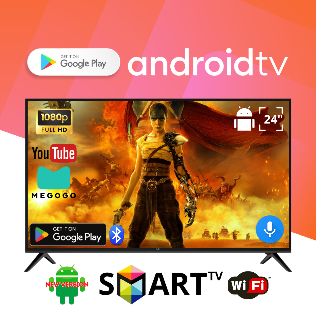 Телевізор UD 24" SmartTV Голосове введення T2/BT 220+блок живлення 12В Android 15, фото 1