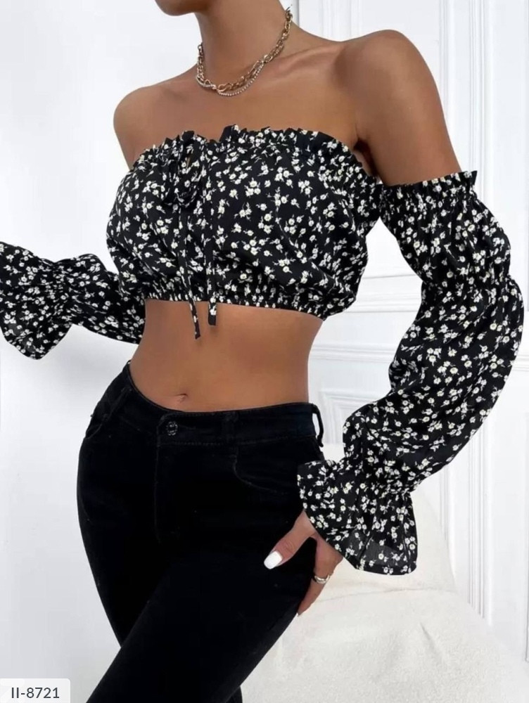 Топ жіночий короткий ефектний модний із відкритими плечима довгий рукав на гумці легкий софт розмір 42-46