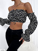 Топ жіночий короткий ефектний модний із відкритими плечима довгий рукав на гумці легкий софт розмір 42-46