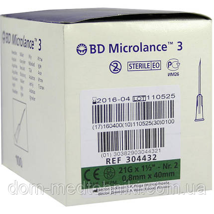 Голка з кріпленням Luer-Lock для мезотерапії | карбокситерапії BD Microlance 21G 1 1/2" (0,8 x 40 mm), 100 шт., фото 3