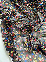 Шифон креш, принт листья на черном фоне.