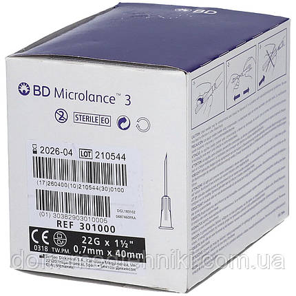 Голка з кріпленням Luer-Lock для мезотерапії | карбокситерапії BD Microlance 22G x 1 1/2"(0,7 x 40 mm), 100 шт., фото 1