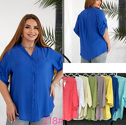 Сорочка жіноча стильна синя льон на ґудзиках