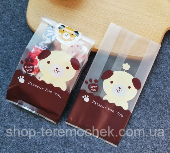 Пакети подарункові з малюнком Собачка 23х8х6 см для солодощів комплект з наклейками 12 шт, фото 1