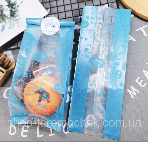 Набір подарункових пакетів з наклейкою ведмедик і малюнком Блакитний 23×8×5 см для солодощів 12 шт, фото 1