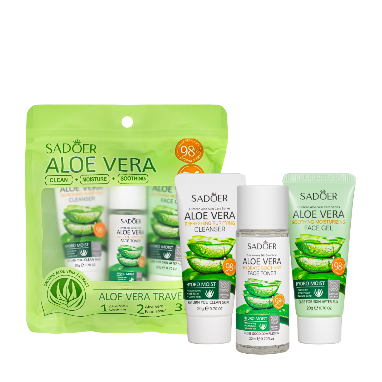 Дорожній набір косметики для обличчя Sadoer Aloe Vera 3 в 1, фото 1