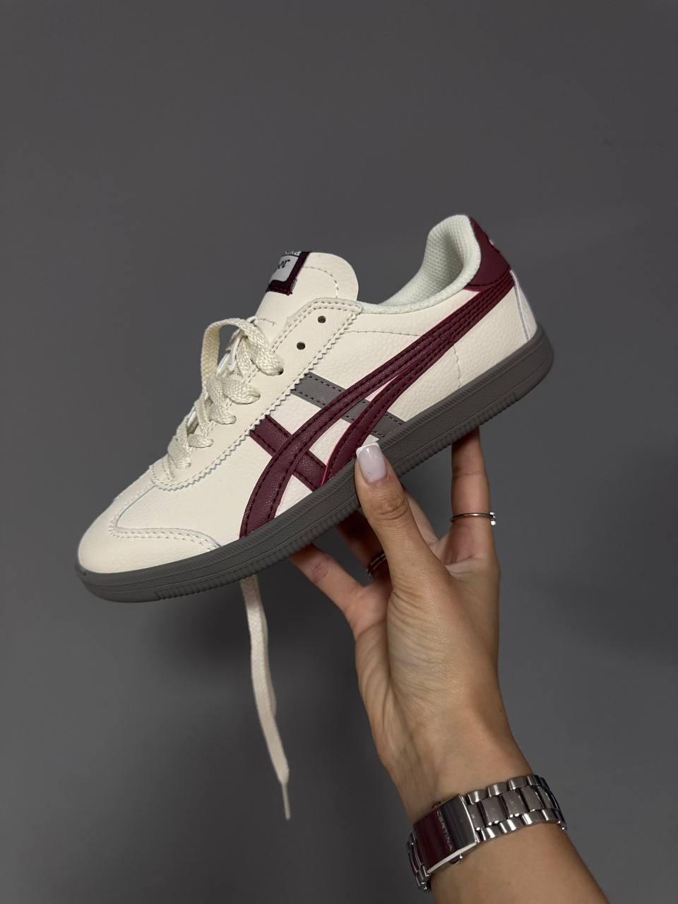 Бежеві шкіряні жіночі кросівки ASICS ONITSUKA TIGER WHITE / BURGUNDY / GREY Демісезонні кеди Асікс Тайгер купити, фото 1