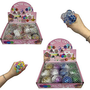 0099 Антистрес у сітці з блискітками, 4 кольори, 12 штук у блоці