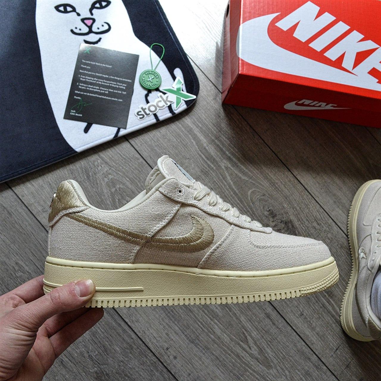 Чоловічі кросівки Stussy Nike Air Force 1 Low Fossil Stone Бежеві Найк Аір Форс Стассі конопляна тканина шкіра демісезон