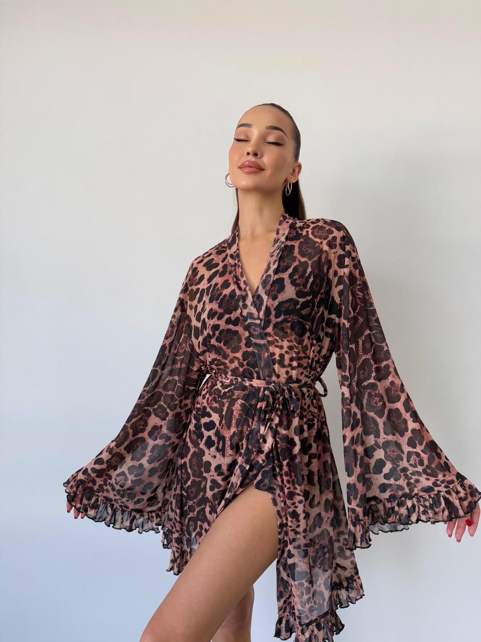 Пляжне кімоно з сітки стрейч з рюшами принт Лео коричневий Oversize S-XL, фото 1