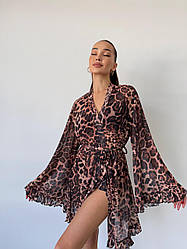 Пляжне кімоно з сітки стрейч з рюшами принт Лео коричневий Oversize S-XL