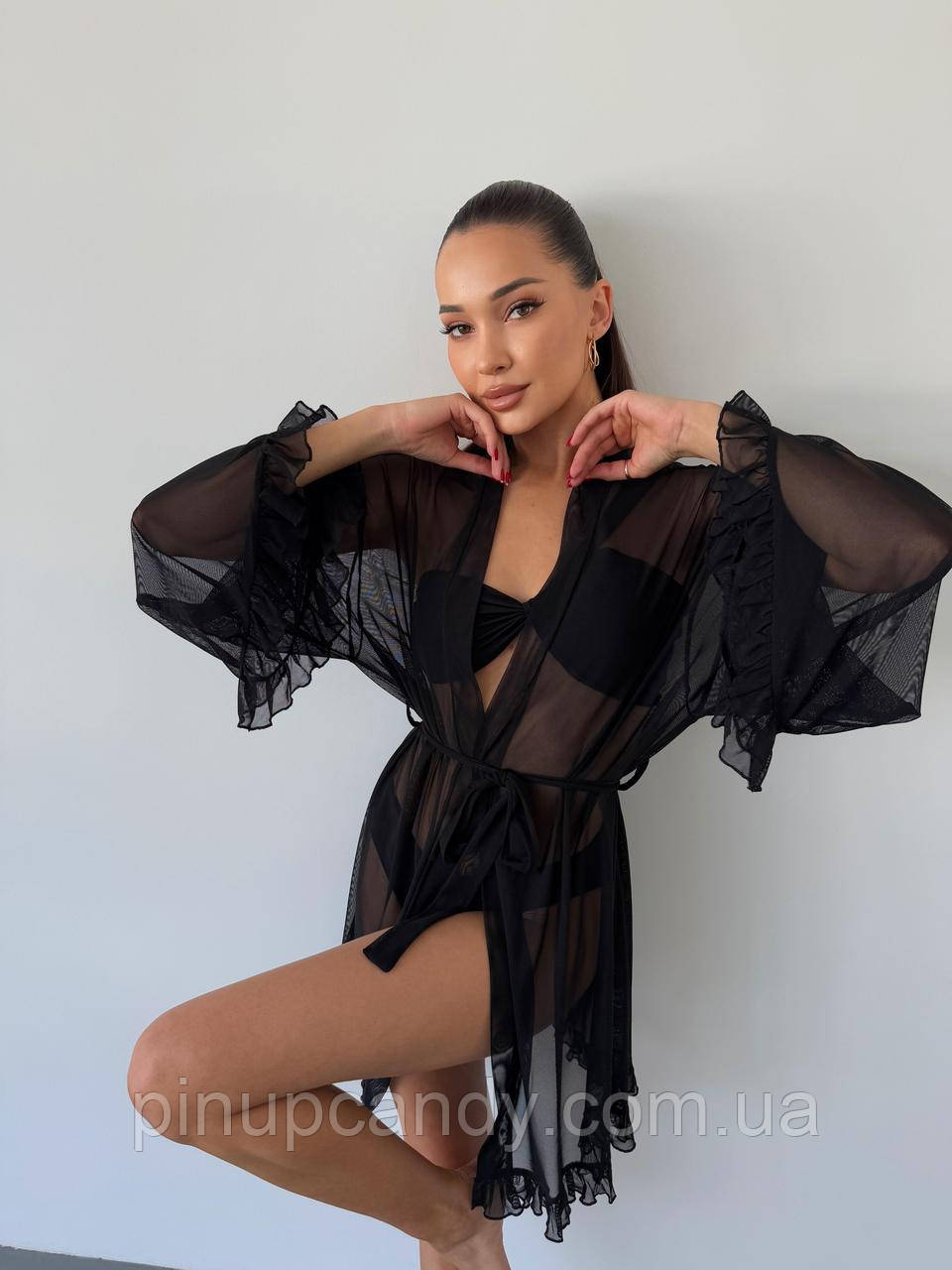 Пляжне кімоно з сітки стрейч з рюшами чорний Oversize S-XL, фото 1