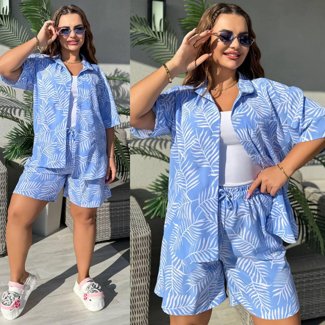 Костюм жіночий літній із софту з принтом Пальма сорочка і шорти (Батал), фото 1