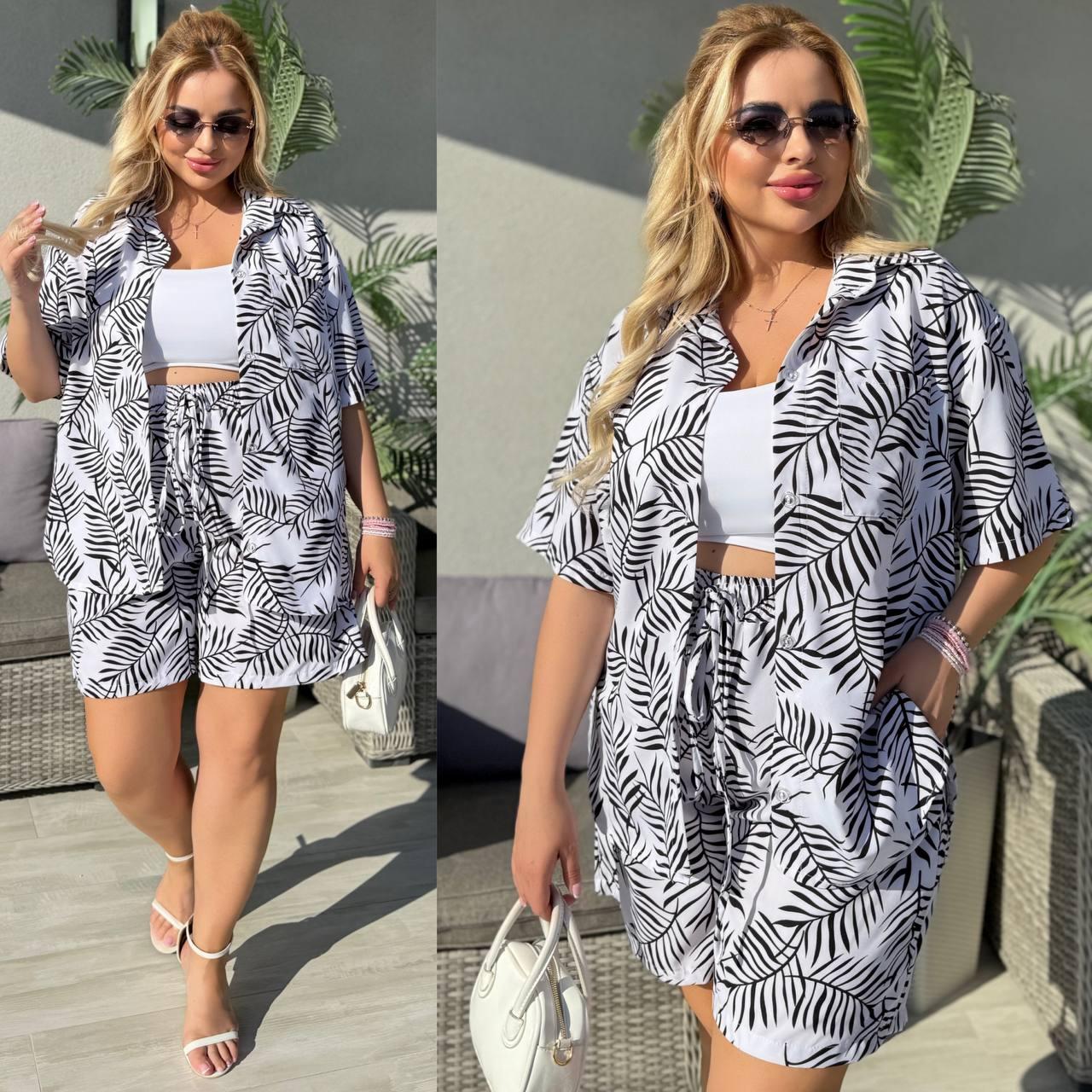 Костюм жіночий літній із софту з принтом Пальма сорочка і шорти (Батал), фото 1