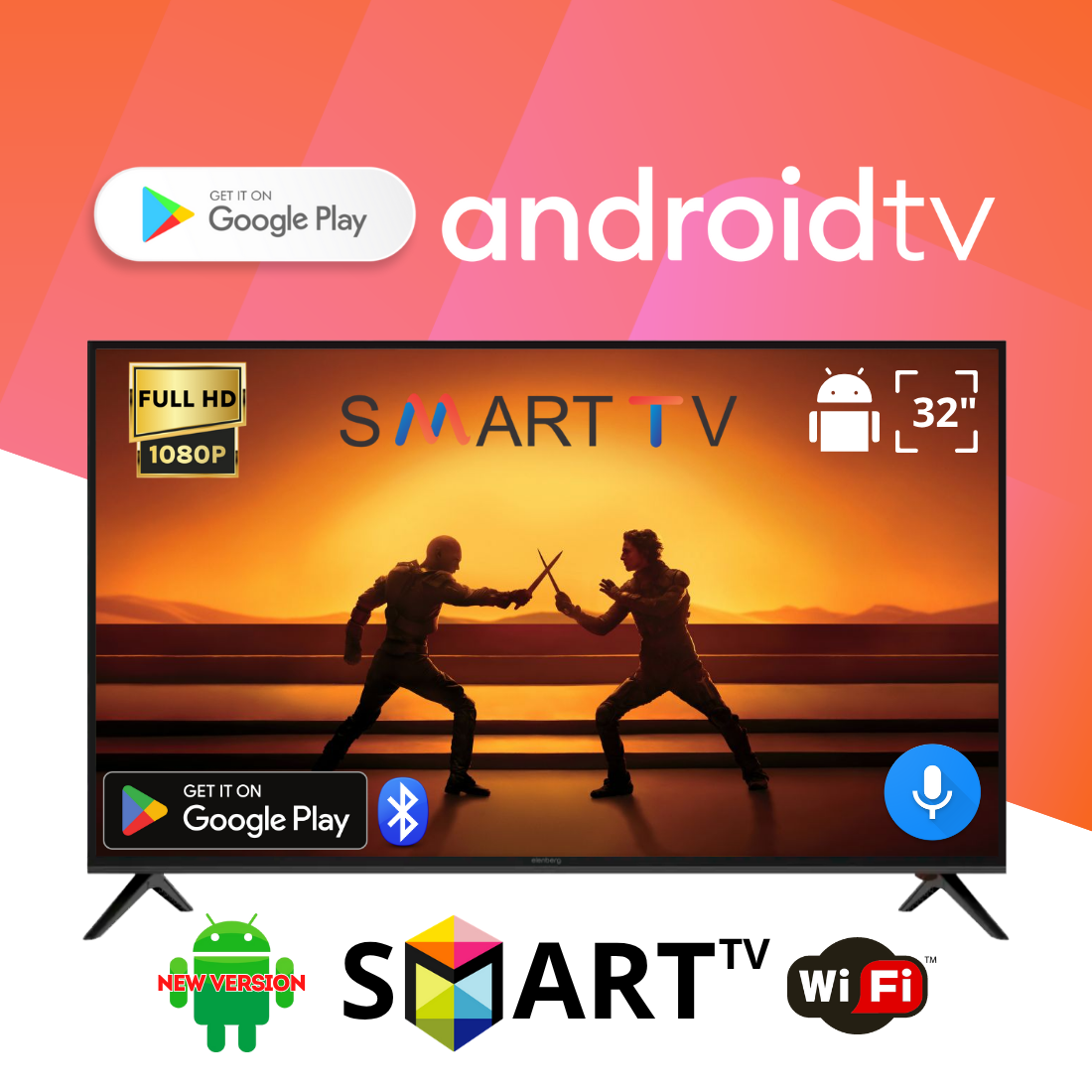 Телевізор ELENBERG 32" Smart TV Android 15.0, Full HD (1920x1080), T2 тюнер, USB, Bluetooth