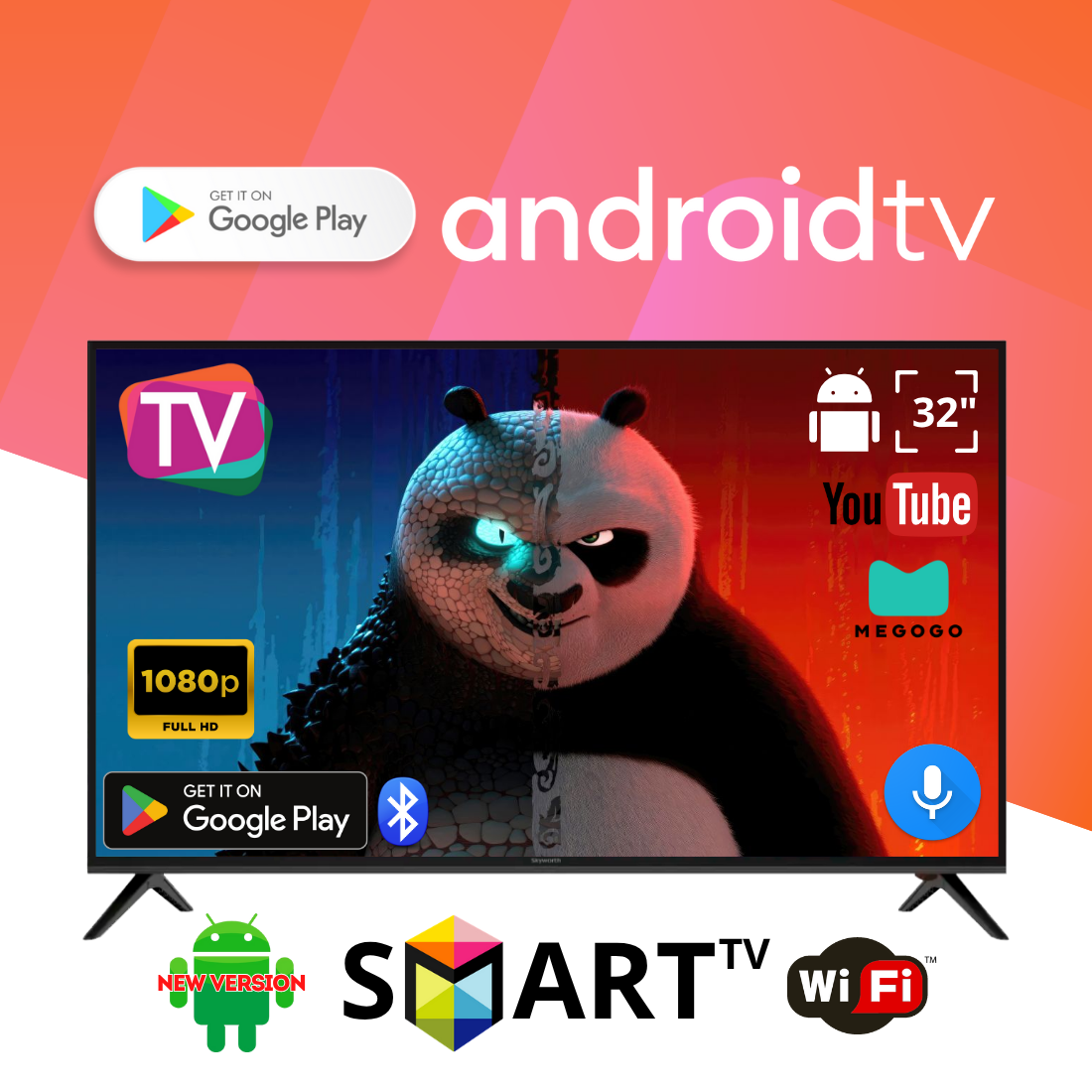 Телевізор Skyworth 32" Smart TV Android 15.0, Full HD (1920x1080), T2 тюнер, USB, Bluetooth