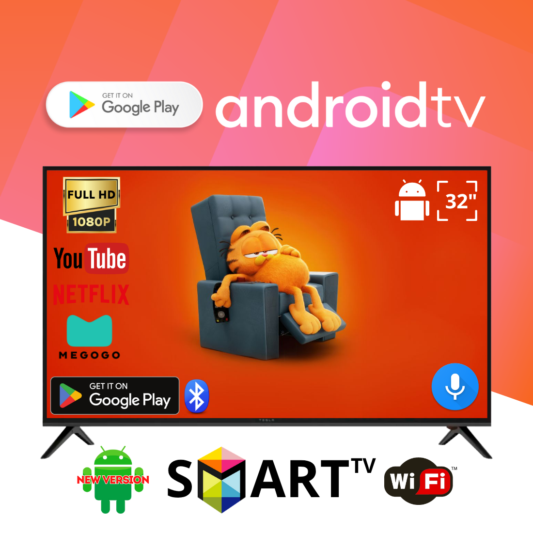 Телевізор Tesla 32" Smart TV Android 15.0, Full HD (1920x1080), T2 тюнер, USB, Bluetooth