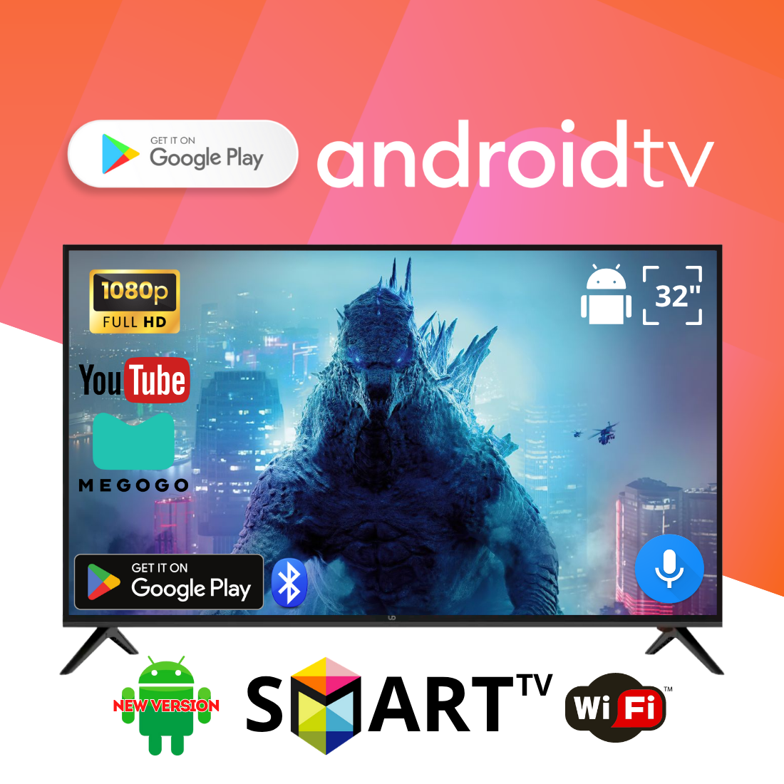 Телевізор UD 32" Smart TV Android 15.0, Full HD (1920x1080), T2 тюнер, USB, Bluetooth