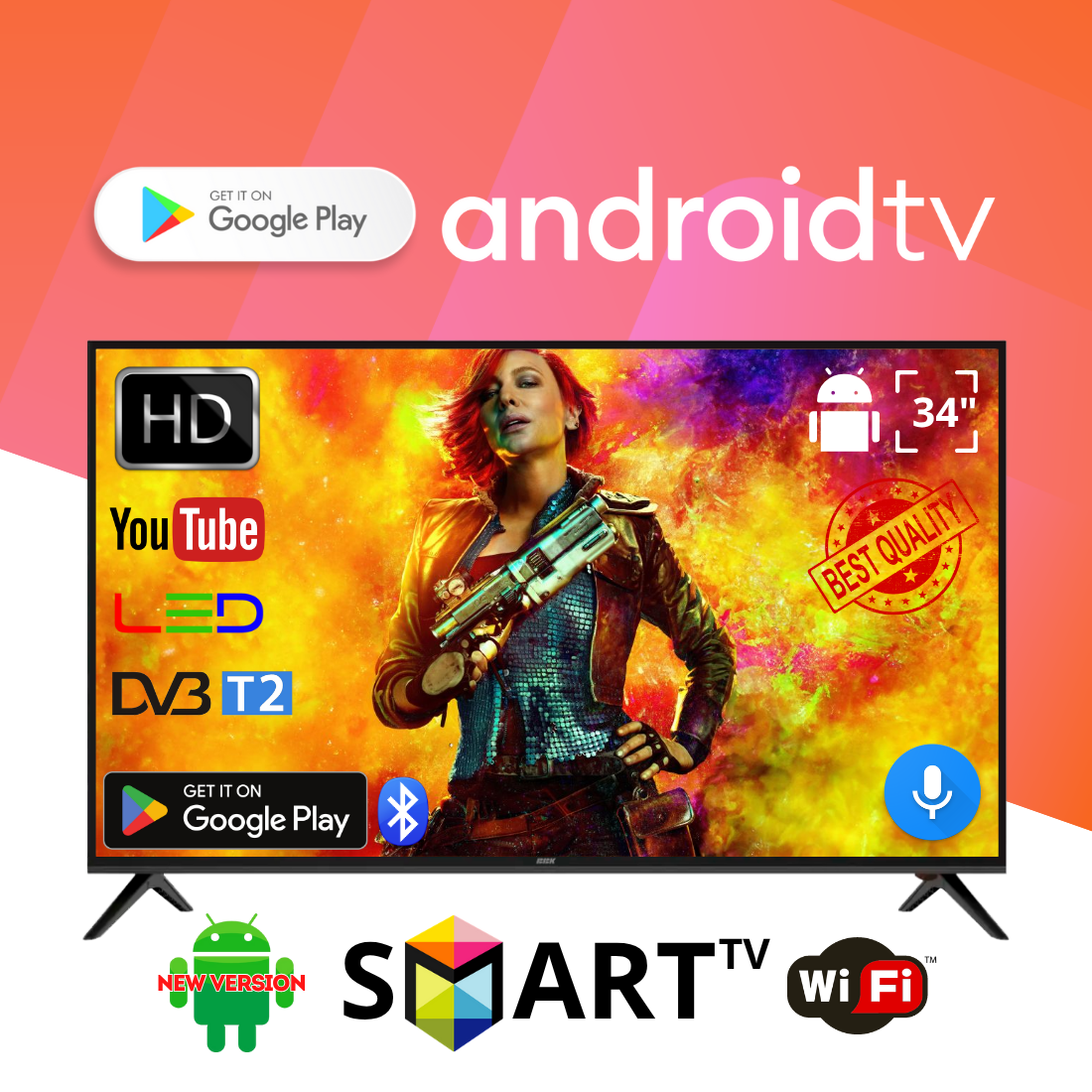 Телевізор BBK 34" Smart TV на Android 15.0 FullHD, USB, Bluetooth, голосове керування