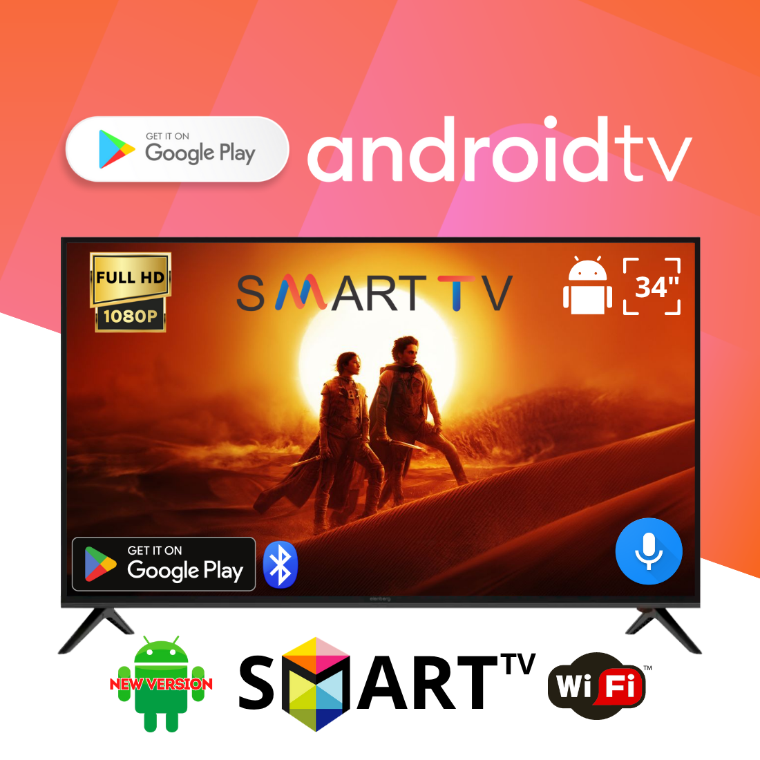 Телевізор ELENBERG 34" Smart TV на Android 15.0 FullHD, USB, Bluetooth, голосове керування, фото 1