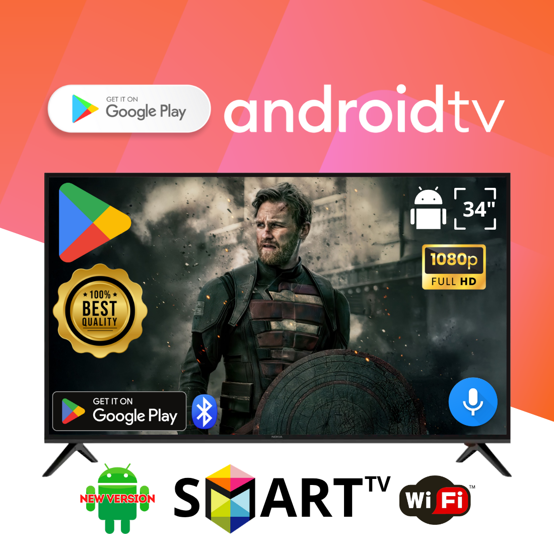 Телевізор NOKIA 34" Smart TV на Android 15.0 FullHD, USB, Bluetooth, голосове керування