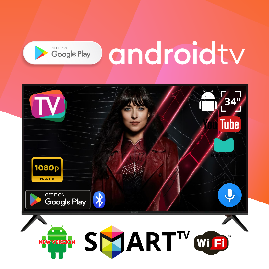 Телевізор Skyworth 34" Smart TV на Android 15.0 FullHD, USB, Bluetooth, голосове керування