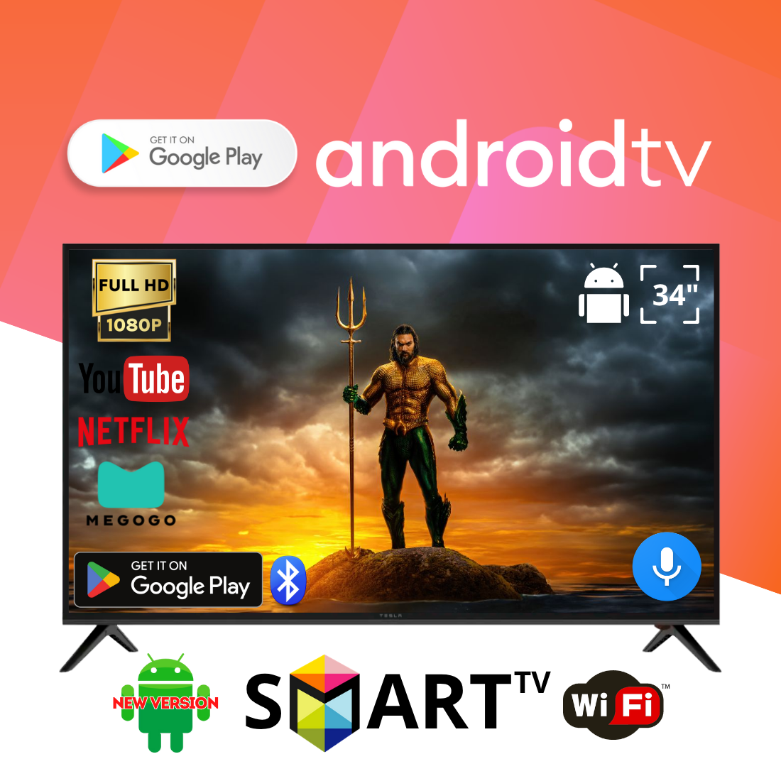 Телевізор Tesla 34" Smart TV на Android 15.0 FullHD, USB, Bluetooth, голосове керування