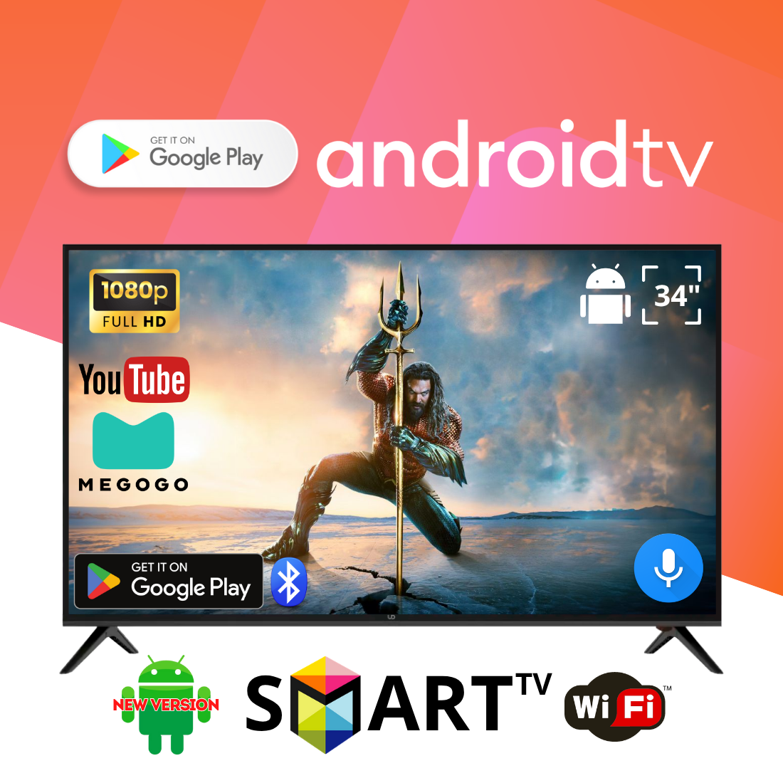 Телевізор UD 34" Smart TV на Android 15.0 FullHD, USB, Bluetooth, голосове керування