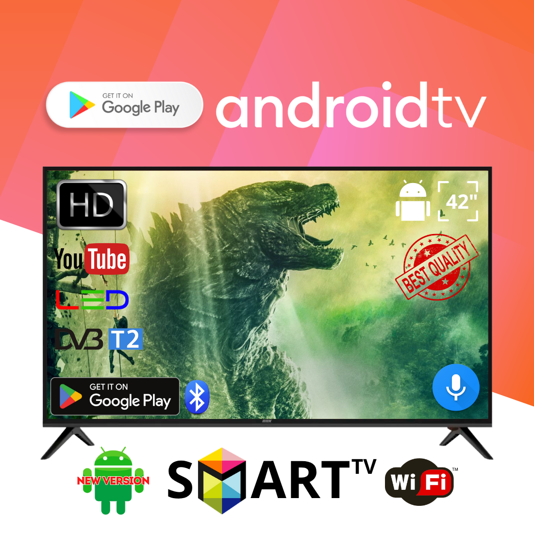 Сучасный телевізор BBK 42" Android 15.0 Smart TV, Full HD, блютуз + керування голосом