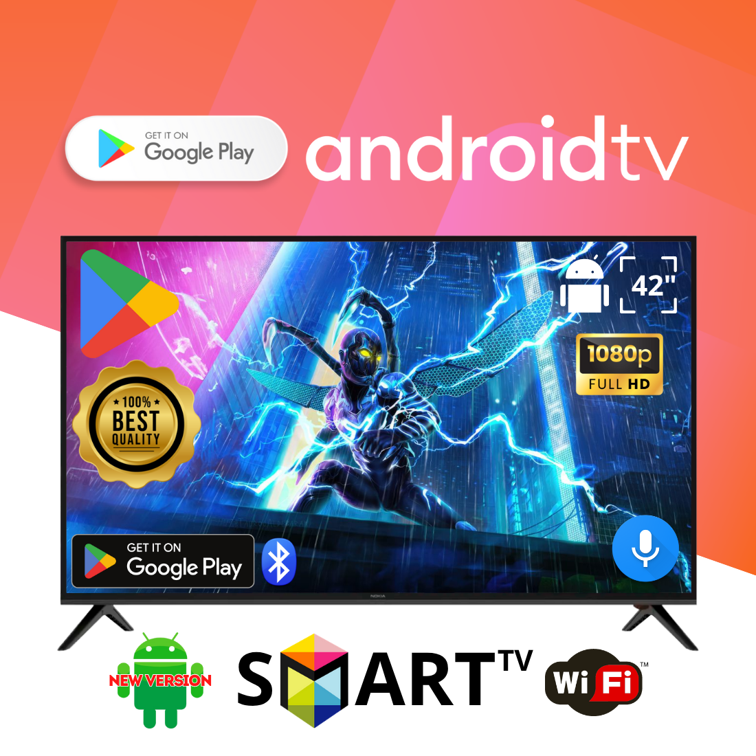 Сучасный телевізор NOKIA 42" Android 15.0 Smart TV, Full HD, блютуз + керування голосом