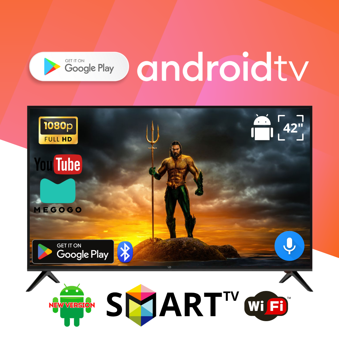 Сучасный телевізор UD 42" Android 15.0 Smart TV, Full HD, блютуз + керування голосом, фото 1