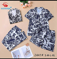 Піжама-трійка аля Діор (сорочка на ґудзиках із коротким рукавом, шорти, штани). Трикотаж.