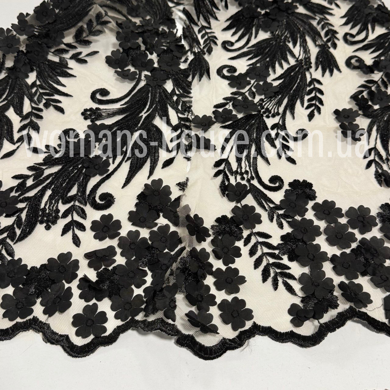 Тканина сітка стрейч із 3Д-малюнком квіти 130 см Чорний на бежевій сітці, фото 1