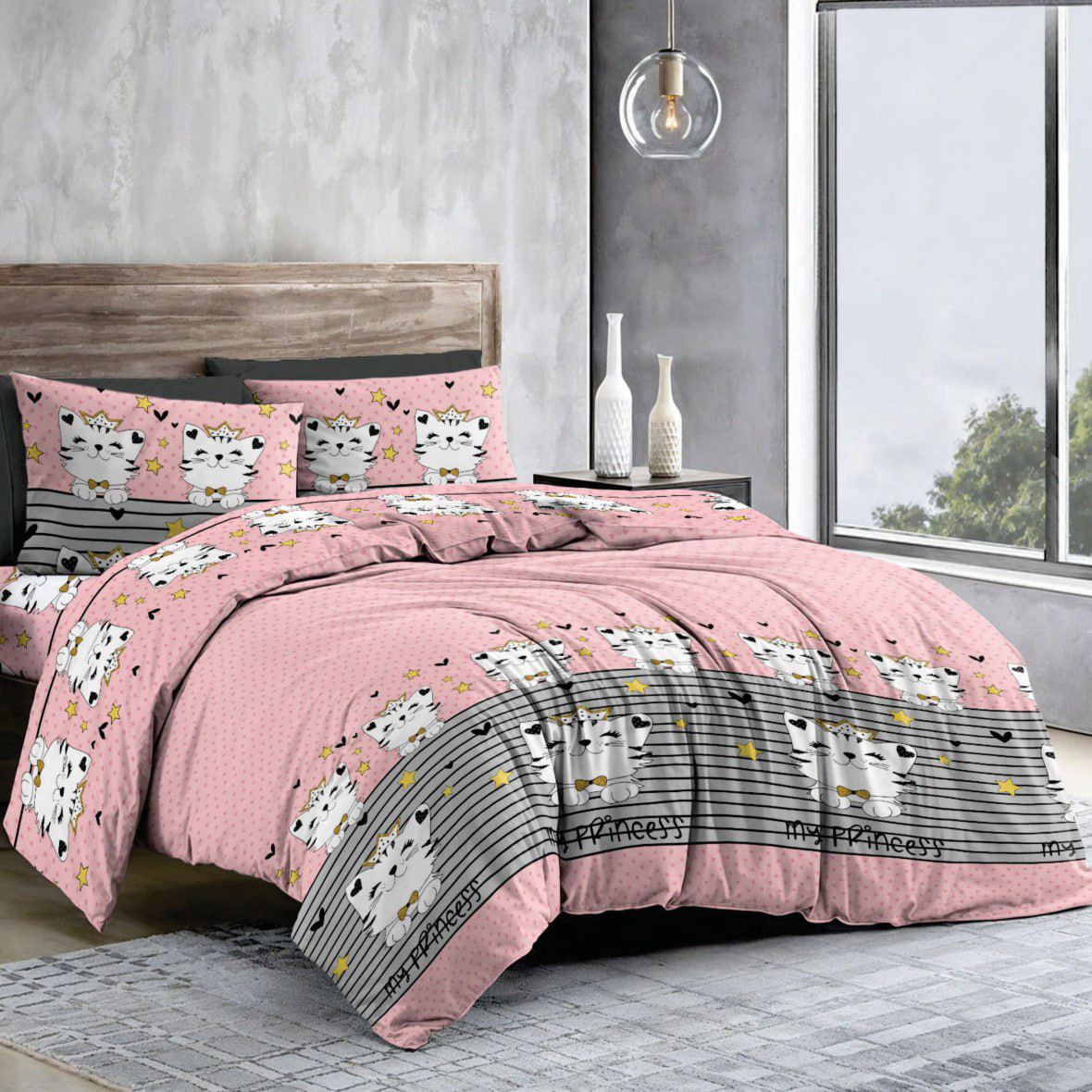Підковдра на блискавці 145х215 (Бязь) | Полуторна підковдра від виробника "Королева Ночі" | Коти на рожевому, фото 1