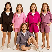 Летний детский комплект для девочки из муслина (рубашка, шорты, топ)