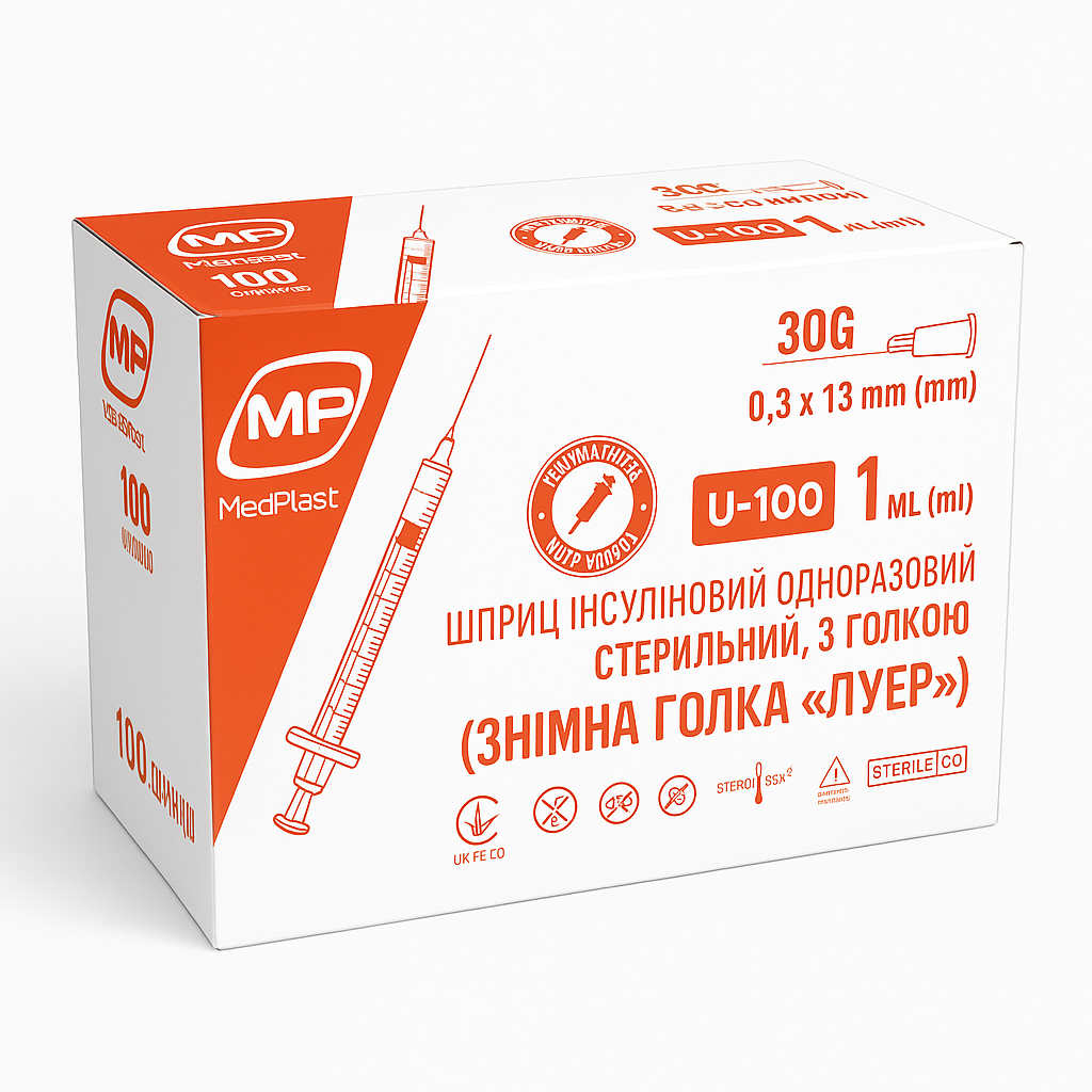 Шприц інсуліновий  U-100,  1 мл, 30G (0,3 × 13 мм), змінна голка «Луєр», MedPlast
