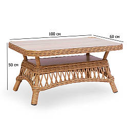 Плетений кавовий столик Беатріче 100х60 см із штучного ротанга з поличкою на ніжках для вулиці