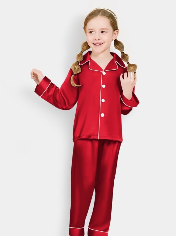 Дитяча піжама з шовку червоного кольору, сорочка та штани, розміри (80–152), фото 1
