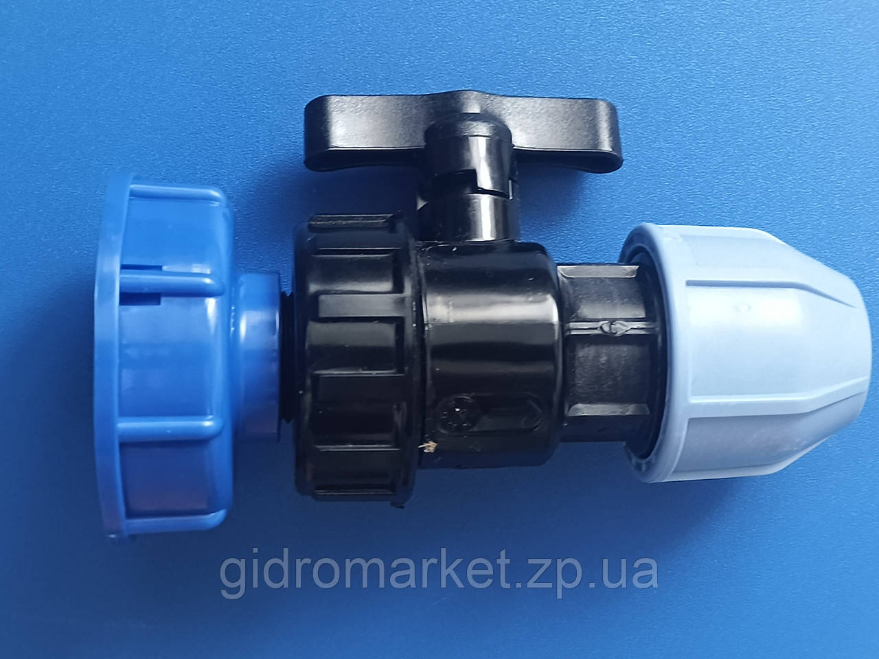 Перехідник із краном для єврокуба D-60 мм, на трубу ПНД ⌀25, фото 1